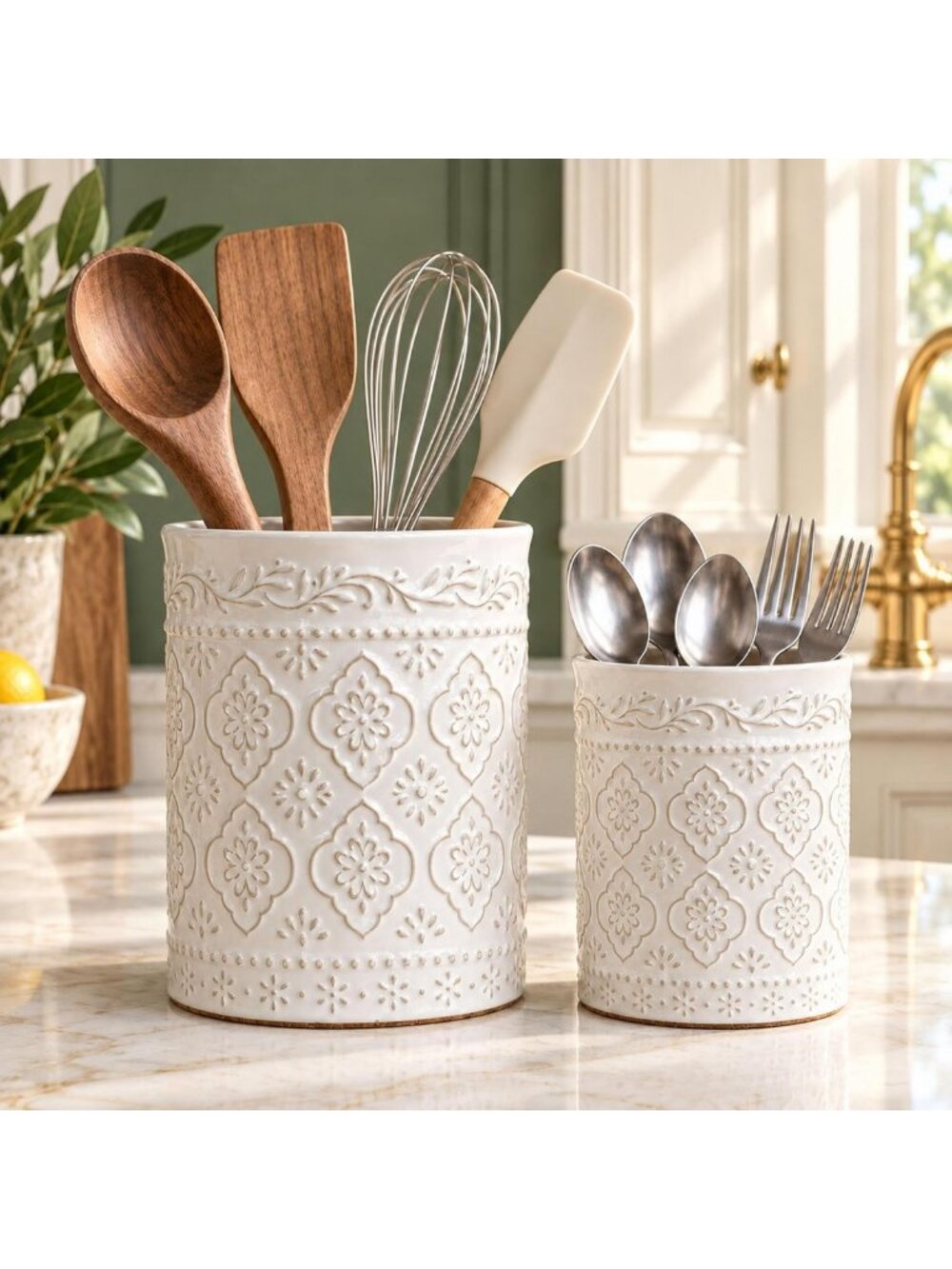 Stylish White Ceramic Utensil Holder Set of 2 - Embossed Kitchen Crocks, 7.5